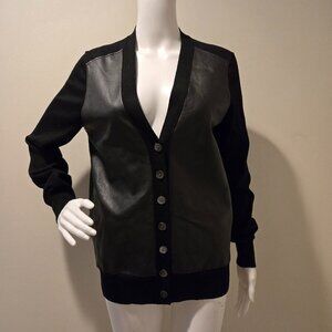 J Crew Leather Front Merino Wool Cardigan Sweater Black M